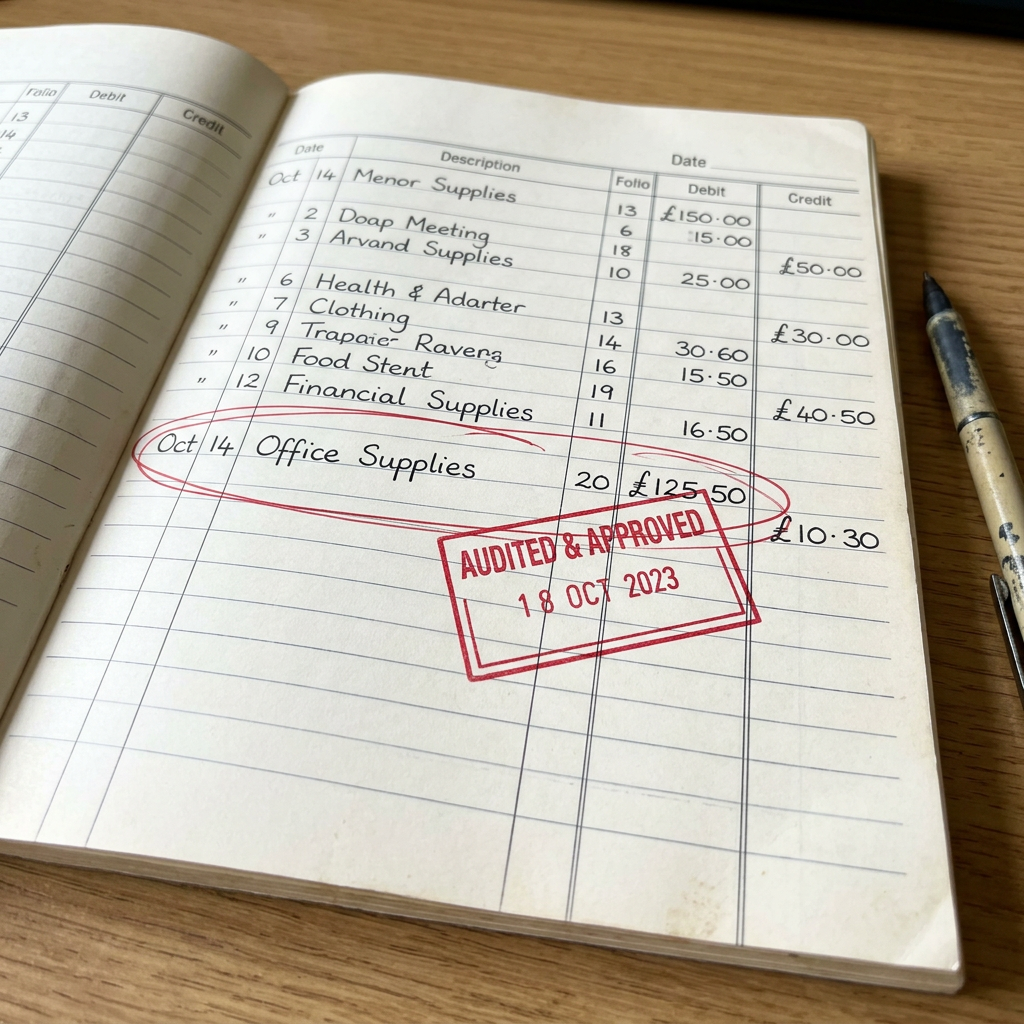 Financial ledger page with an office supplies entry on October 14 circled and stamped 'AUDITED & APPROVED 18 OCT 2023'